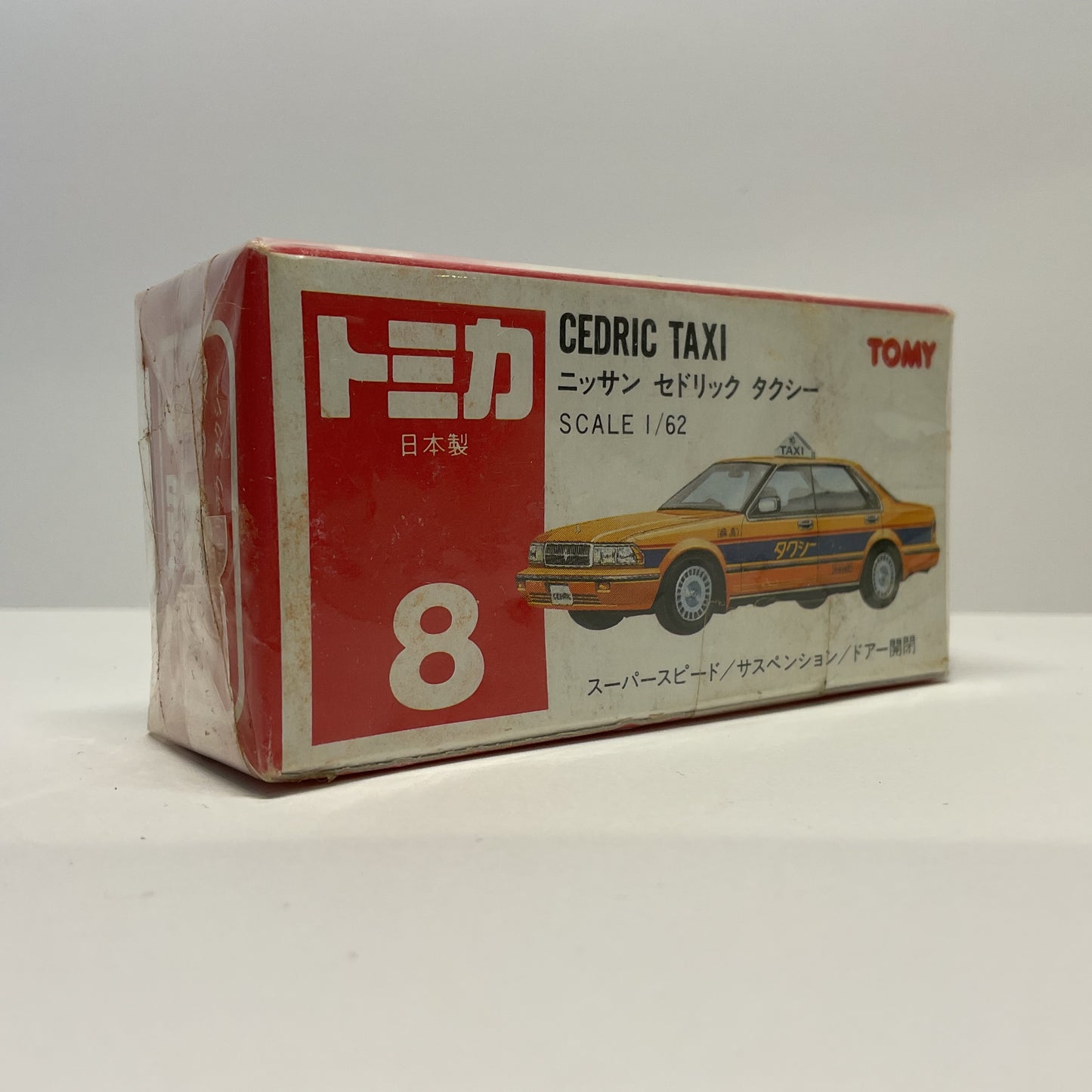 1988 Takara Tomy Tomica No.8 Nissan Cedric Taxi (Orange Kanto Taxi) 1/62 Made In Japan