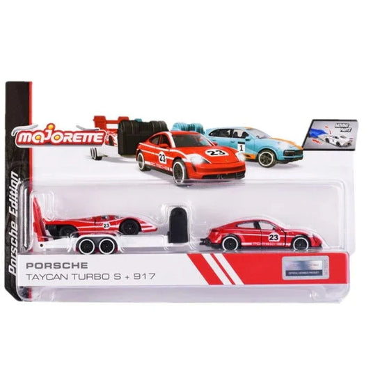 Majorette Porsche Motorsport Race Trailer Porsche Taycan Turbo S + 917 2 Pack 1:64 Die-Cast Set