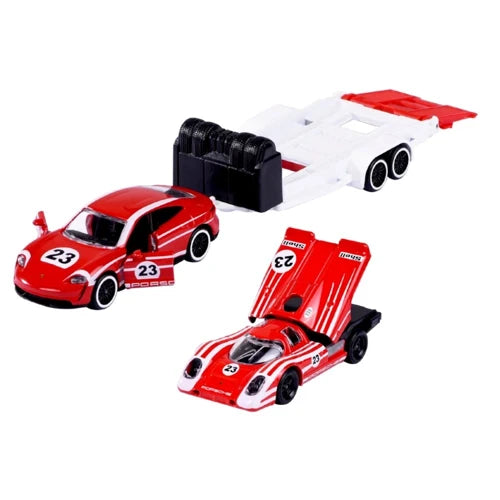 Majorette Porsche Motorsport Race Trailer Porsche Taycan Turbo S + 917 2 Pack 1:64 Die-Cast Set